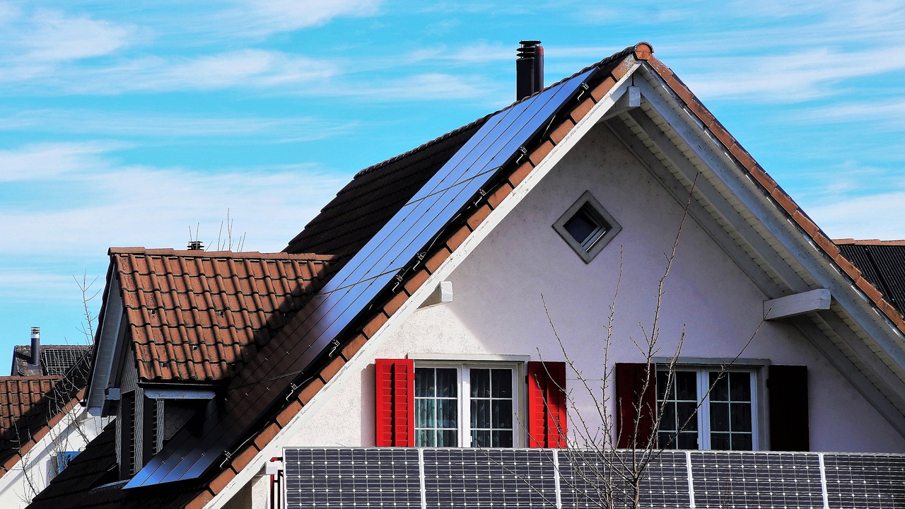 the roof of the, house, the window, shutters, red, architecture, sky, family, blue sky, building, no one, outside, the structure of the, modern, on the roof, under the roof, roof plate, roofing, window, covering, building and construction, small building, village, wooden window, style, aesthetically pleasing, nature, solar panels, solar batteries