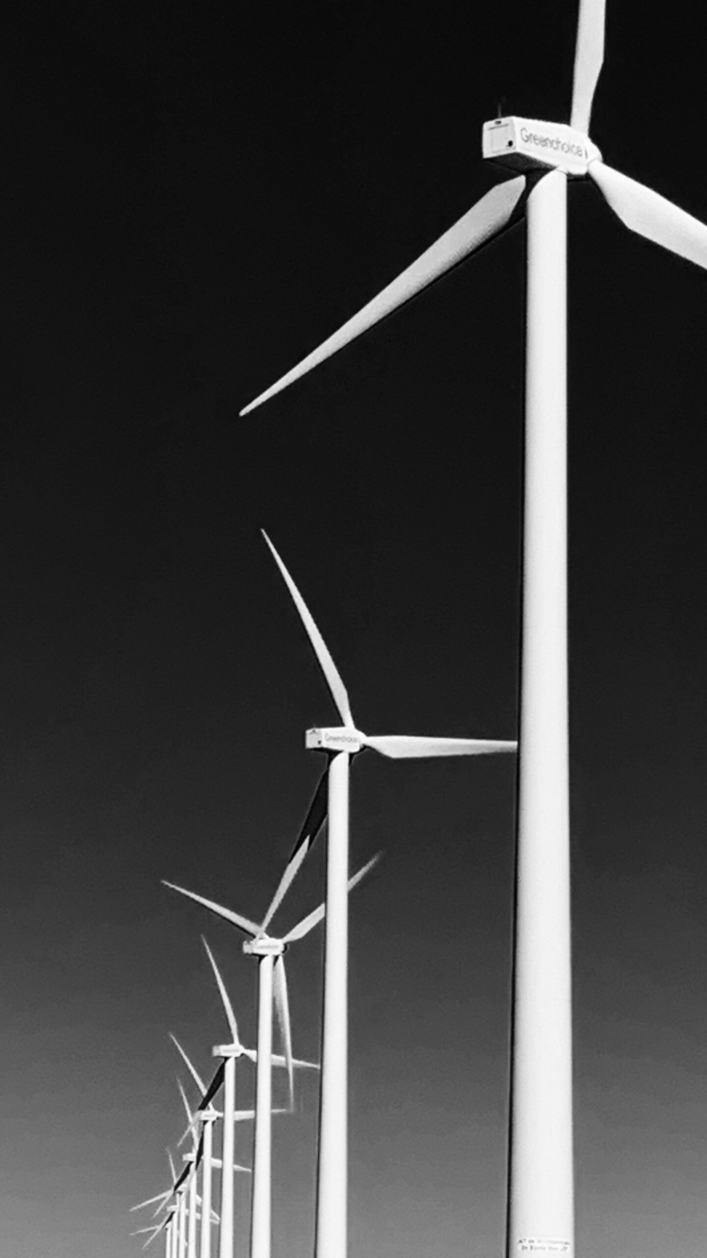 Monochrome image of wind turbines against a clear sky, depicting renewable energy.